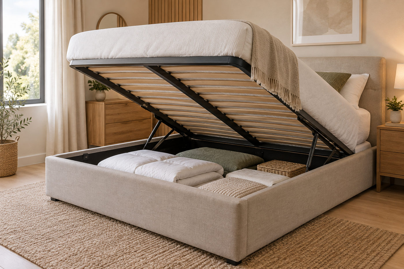 Double bed with an open under-bed storage compartment holding folded bedding
