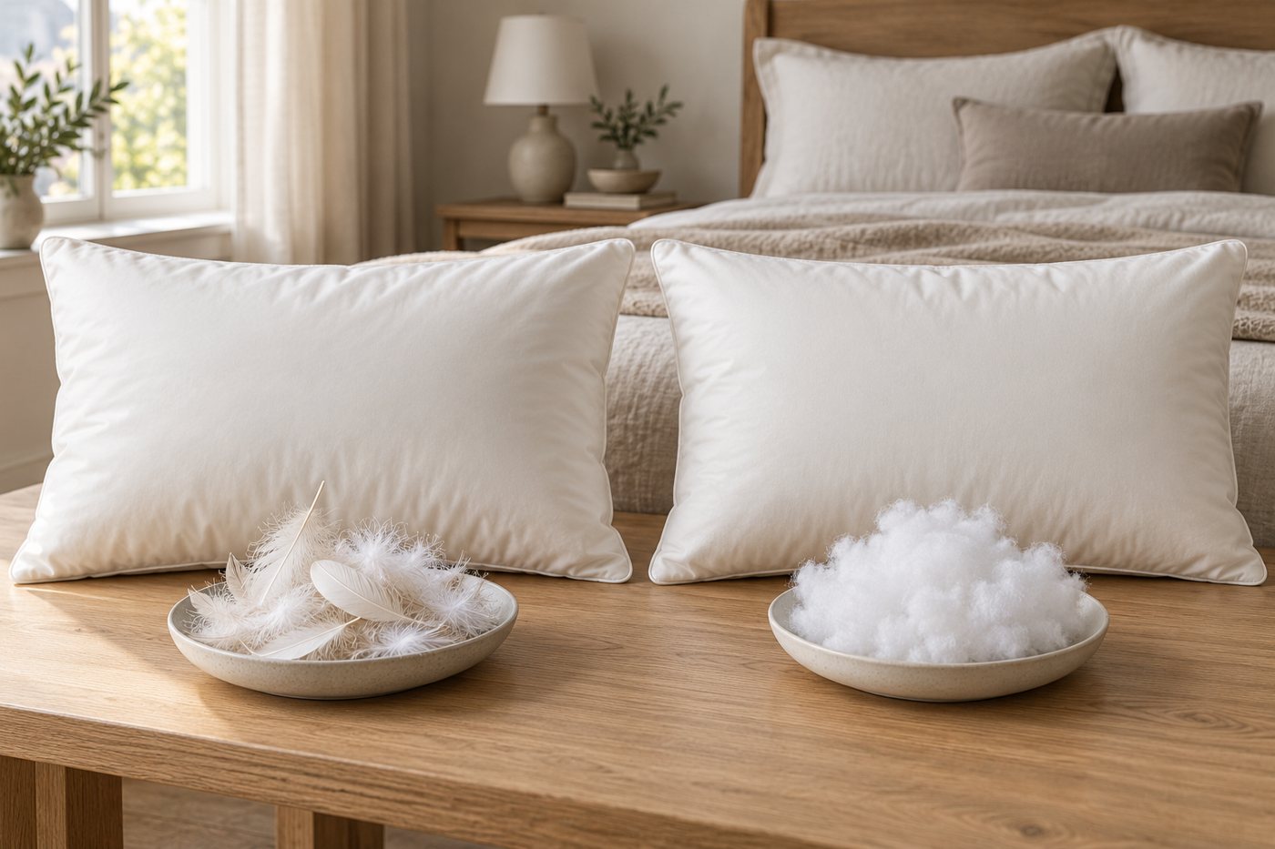 Two pale pillows with separate samples of feather/down and synthetic fibre filling in front