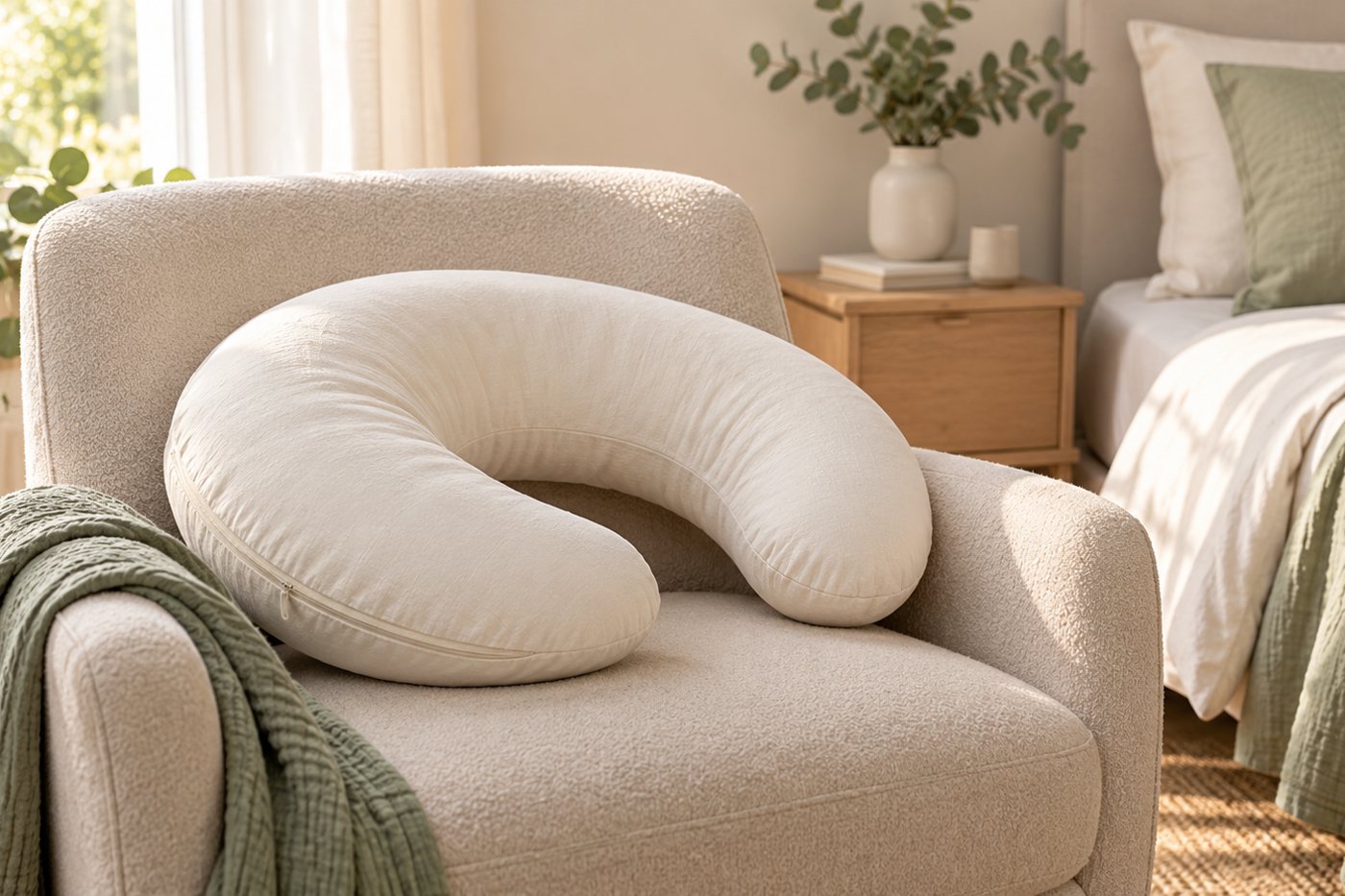 A light U-shaped nursing pillow with a fabric cover and zip on an armchair, without a baby
