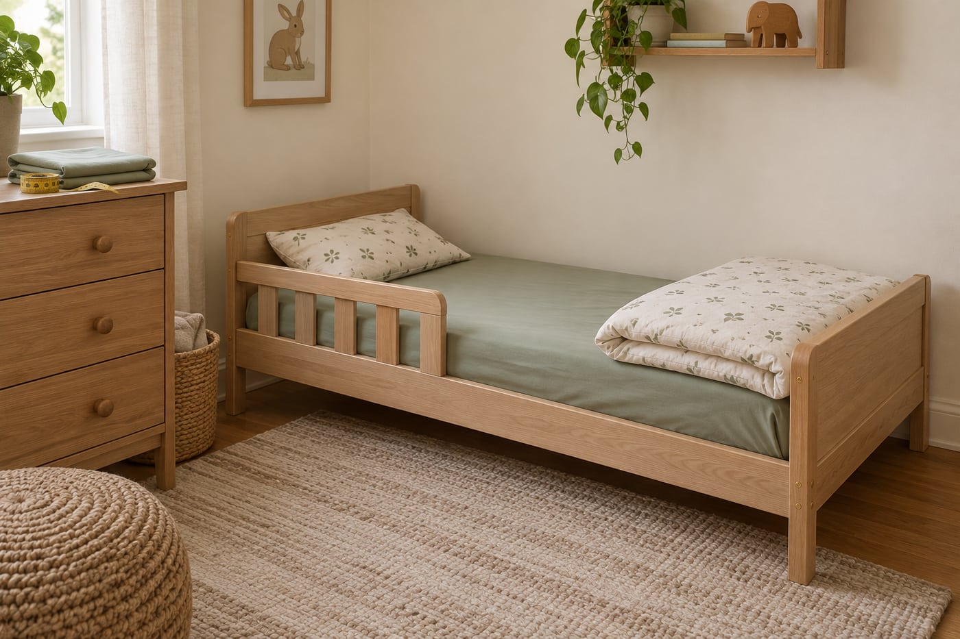 A low toddler bed with a green fitted sheet, pillow and folded duvet