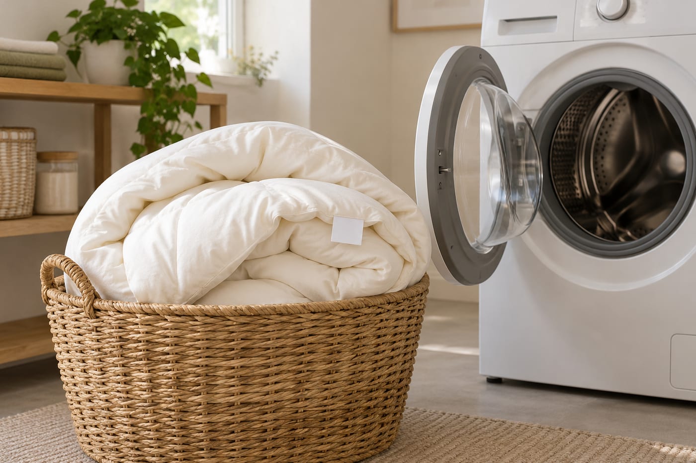 A cream duvet in a laundry basket beside an open washing machine