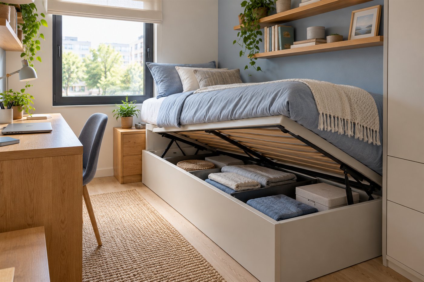 Single-and-a-half bed with open under-bed storage in a compact teen bedroom