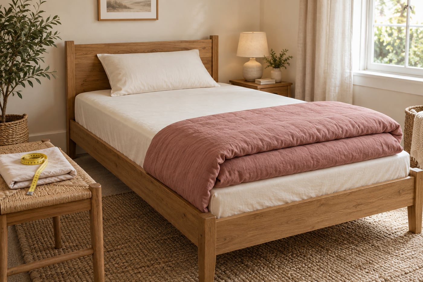 A wide single bed with a pale sheet, folded duvet and a measuring tape on a nearby bench
